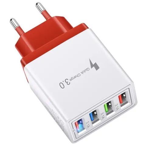 USB Wall Charger/ Adapter - 4 Port Fast Charge Compatible - White & Red