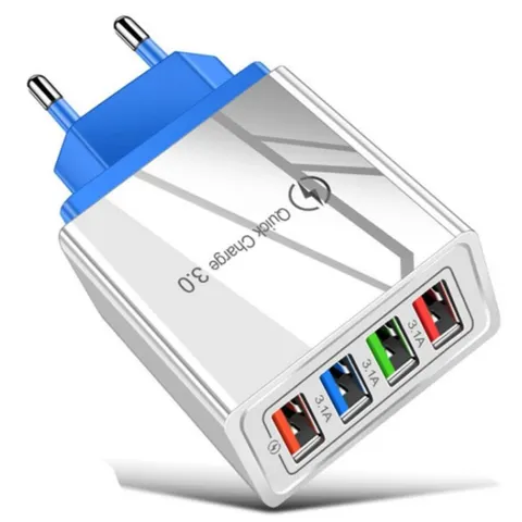 USB Wall Charger/ Adapter - 4 Port Fast Charge Compatible - Dark Blue